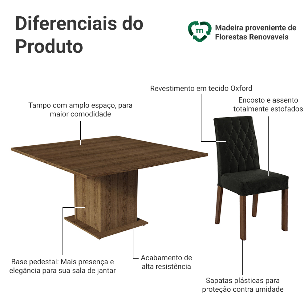 Conjunto Sala de Jantar Mesa Tampo de Madeira 8 Cadeiras Rustic/Oxford Leila Madesa
