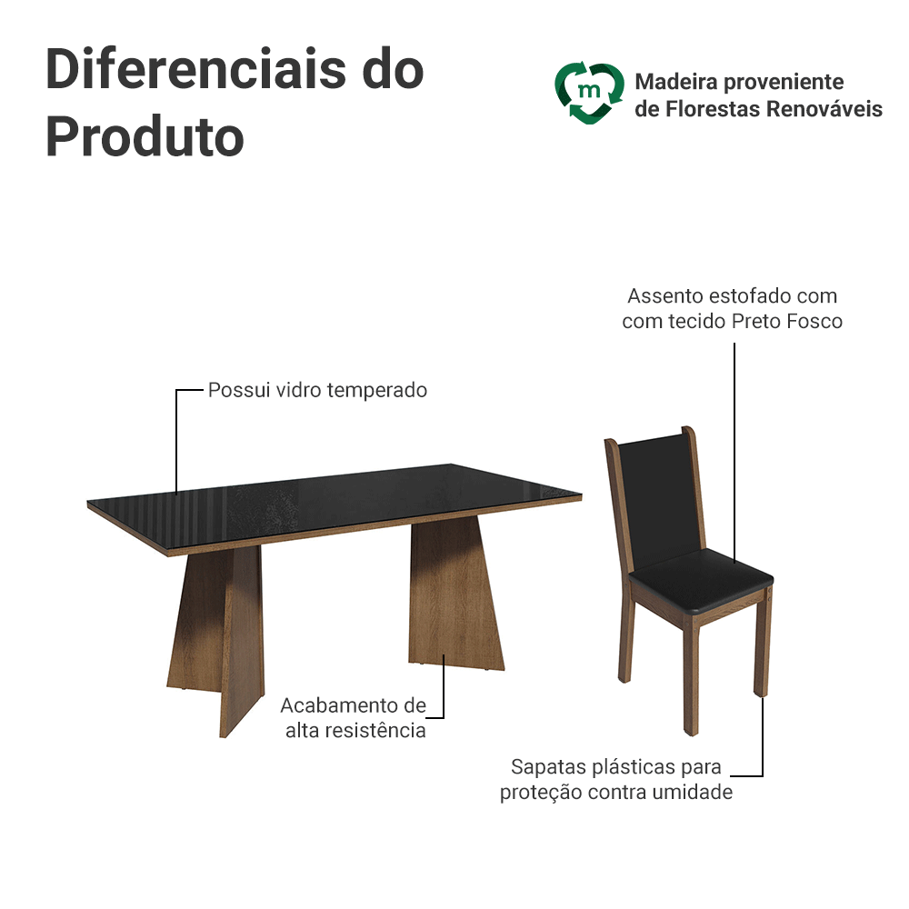 Conjunto Sala de Jantar Mesa Tampo de Vidro 8 Cadeiras Rustic/Preto Justine Madesa