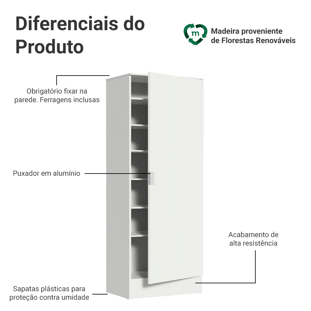 Armário Multiuso 60 cm 1 porta Branco Madesa