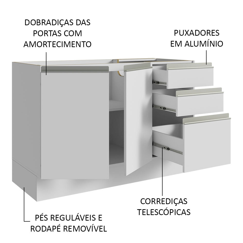 Armário Gabinete para Banheiro 120cm 2 Portas 3 Gavetas Branco Madesa