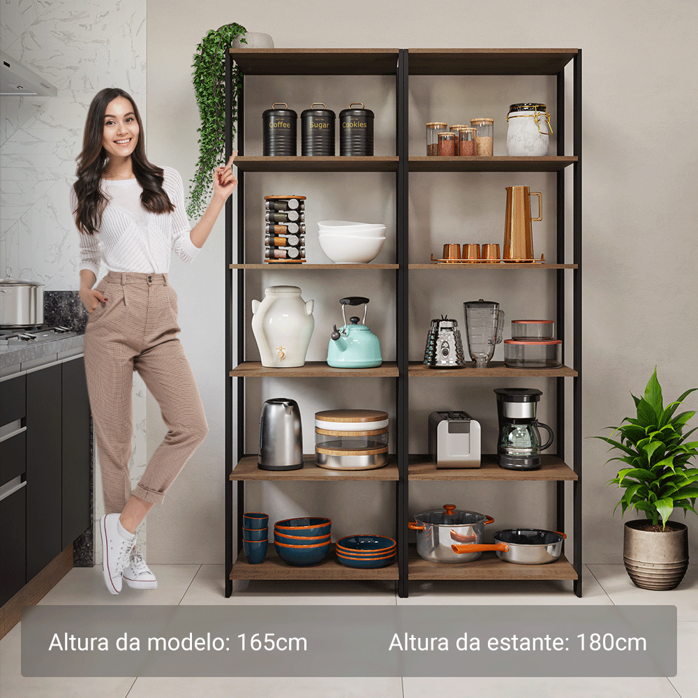 Armário Estante Multiuso Organizador 10 Prateleiras 118cm Rustic/Preto Madesa