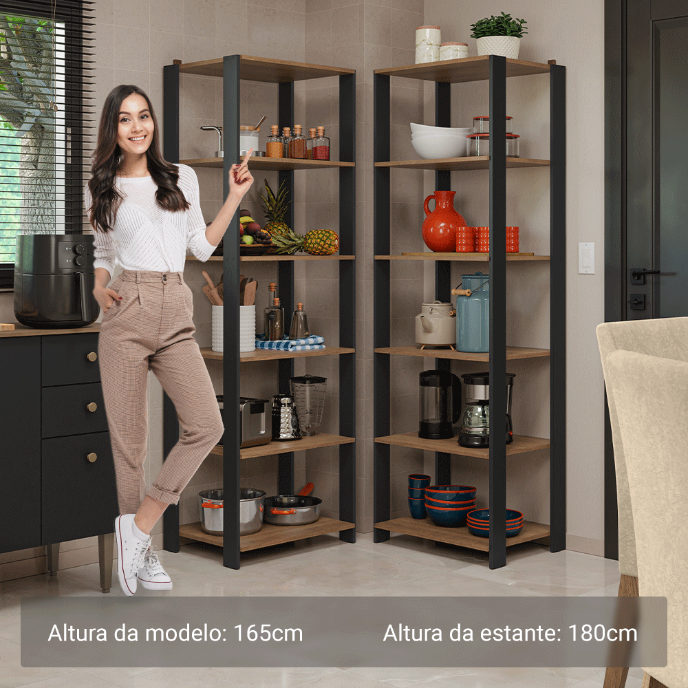 Armário Estante Multiuso Organizador de Canto 10 Prateleiras 118cm Rustic/Preto Madesa