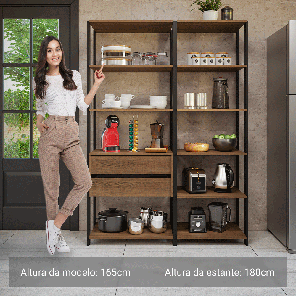 Armário Estante Multiuso Organizador 2 Gavetas 9 Prateleiras 129cm Rustic/Preto Madesa
