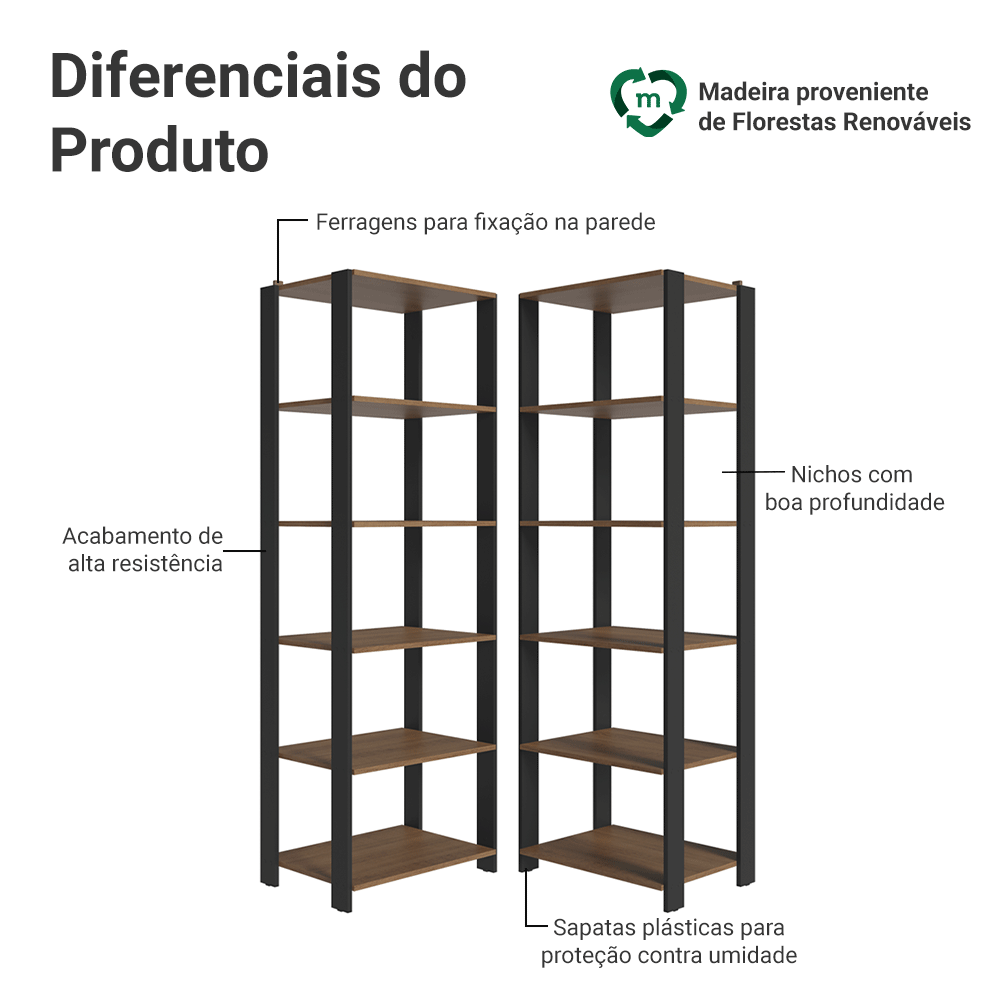 Armário Estante Multiuso Organizador Despensa de Canto 10 Prateleiras 118cm Rustic/Preto Madesa