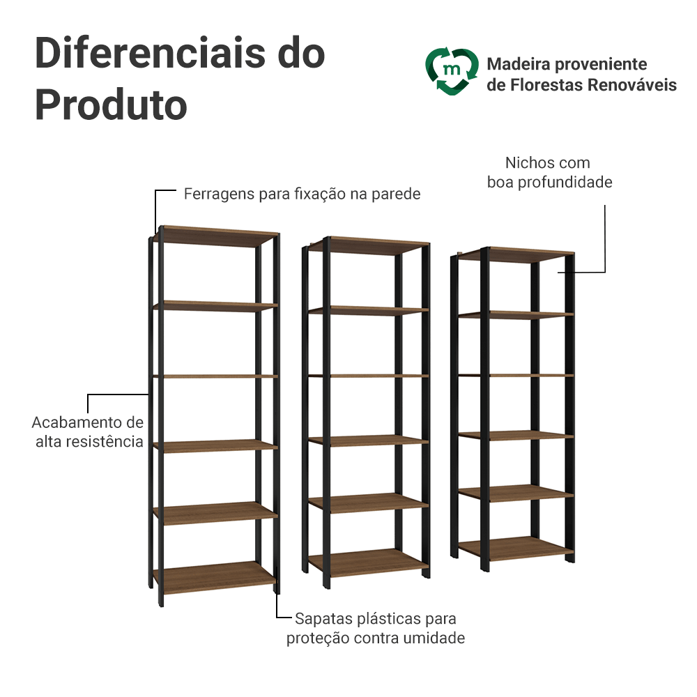 Armário Estante Multiuso Organizador Despensa 15 Prateleiras 177cm Rustic/Preto Madesa