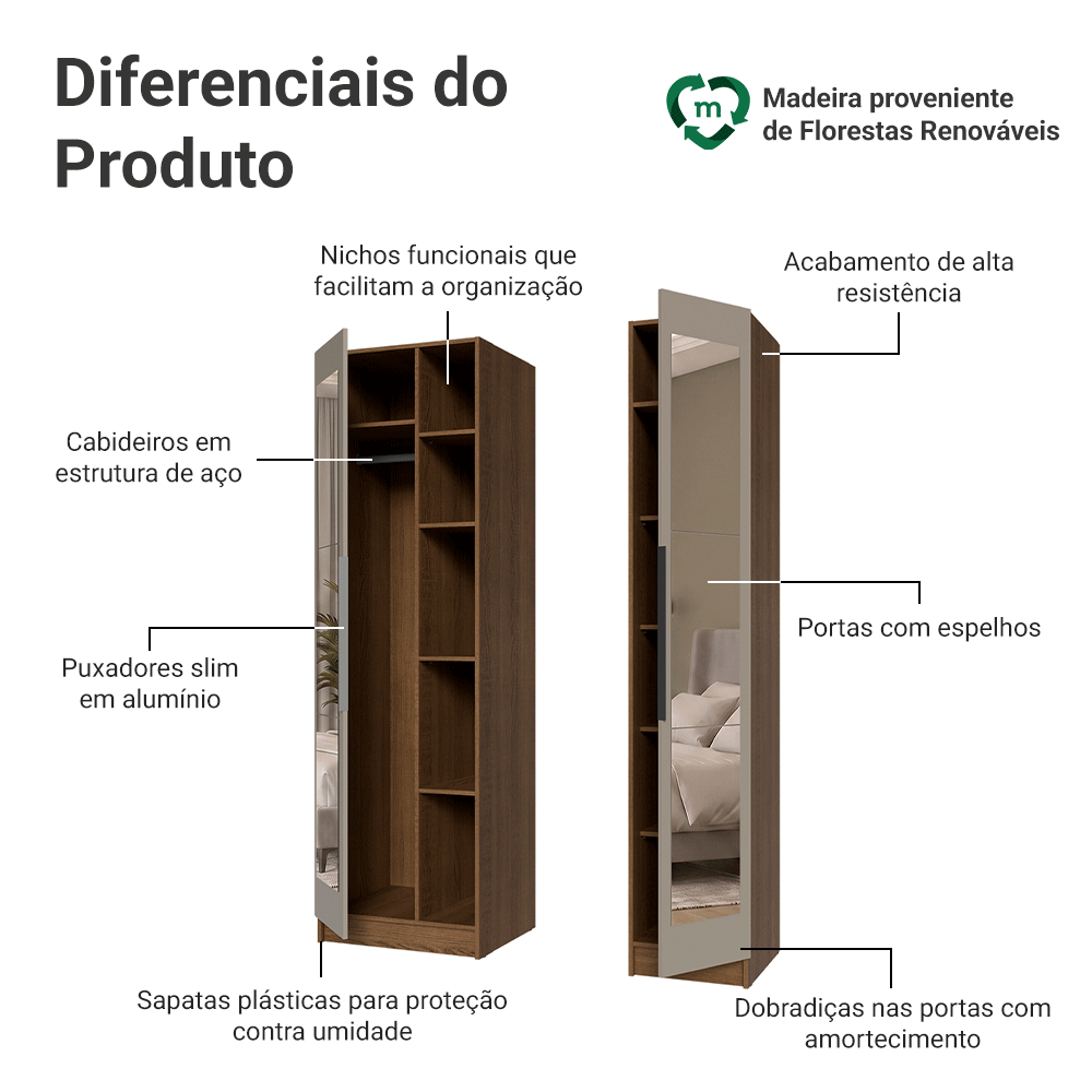 Guarda-Roupa Modulado 2 Portas com Espelhos 5 Nichos Rustic/Crema Neo Madesa 02