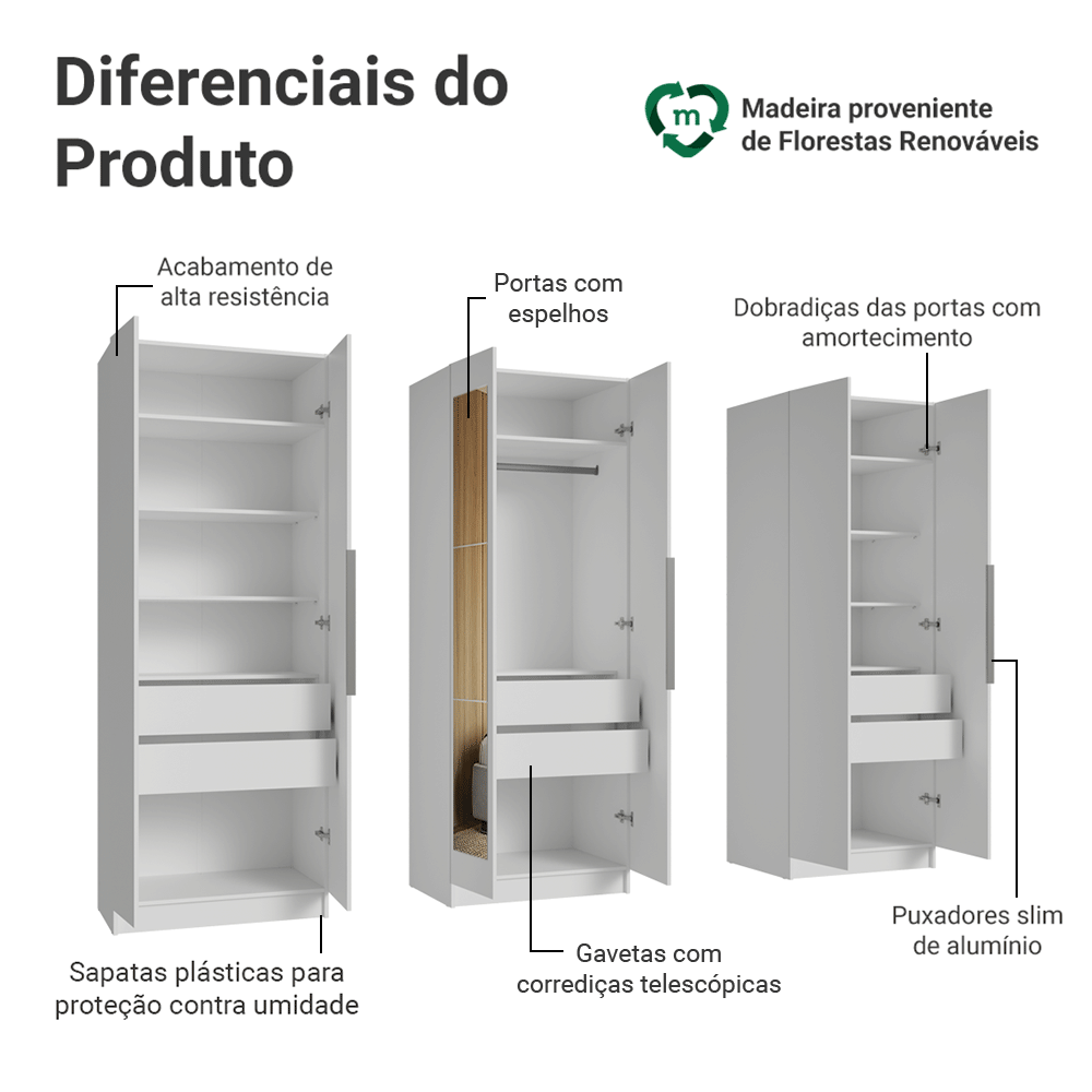 Guarda-Roupa Modulado 240 cm 6 Portas com Espelhos 6 Gavetas Branco Neo Madesa 04