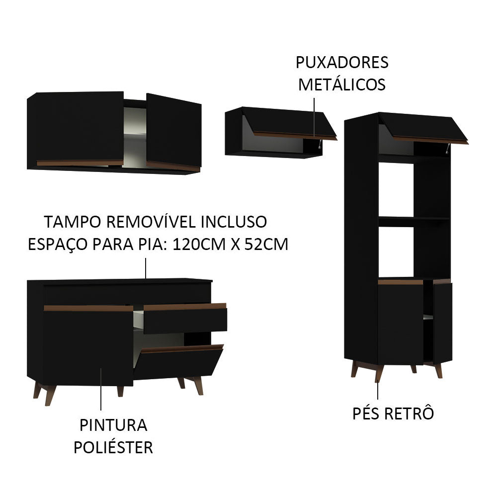 Armário de Cozinha Completa 260cm Preto Reims Madesa 09