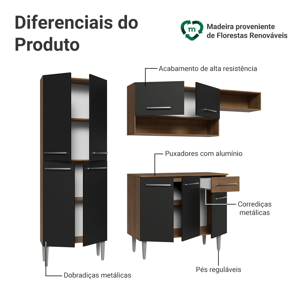 Armário de Cozinha Completa 229cm Rustic/Preto Emilly Madesa XT