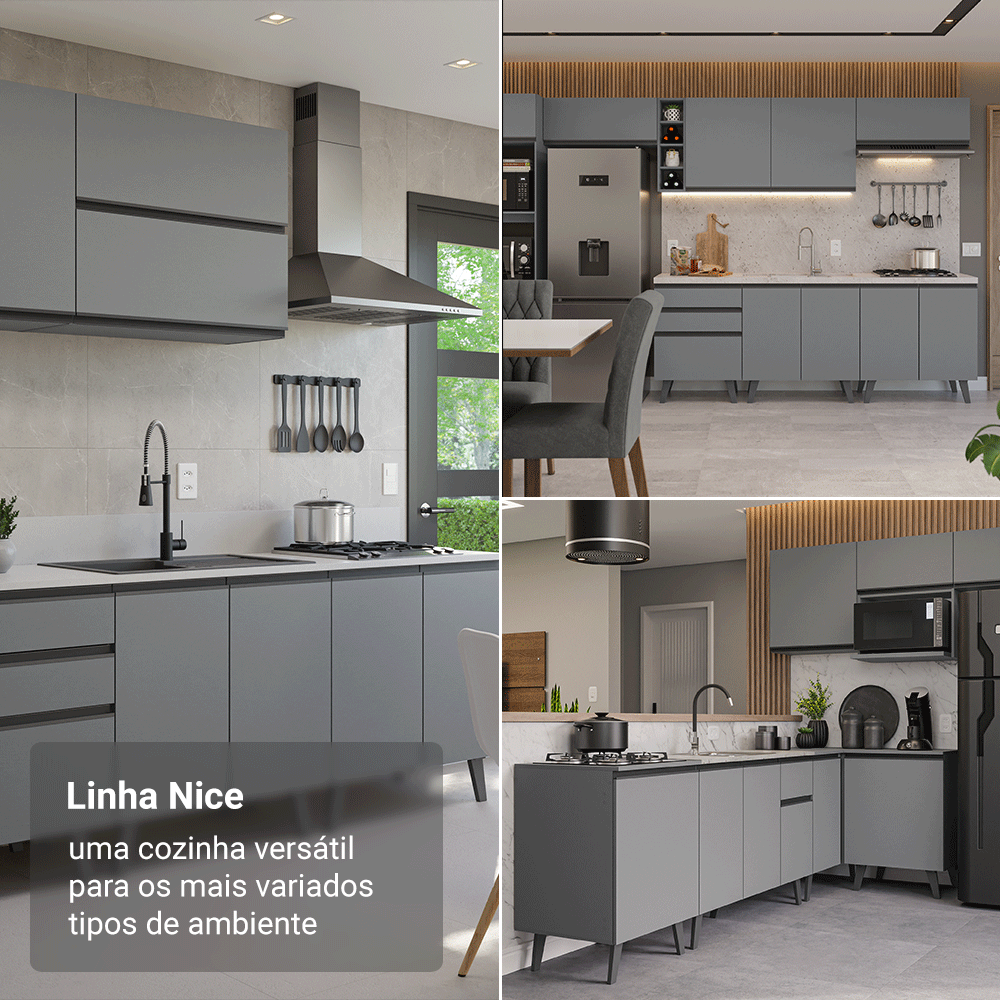Armário de Cozinha Completa 300cm Cinza Nice Madesa 01