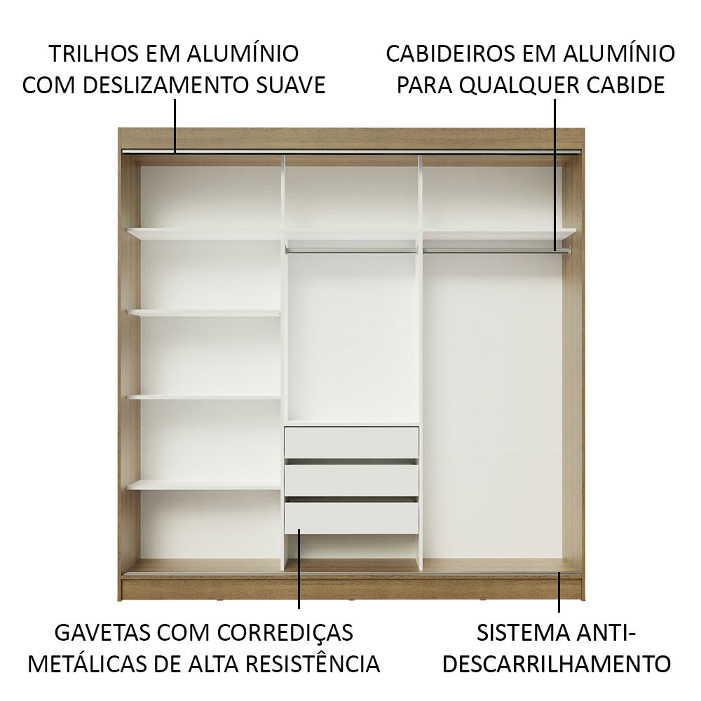Guarda-Roupa Casal Madesa Kansas 3 Portas de Correr com Espelhos 3 Gavetas Rustic/Preto