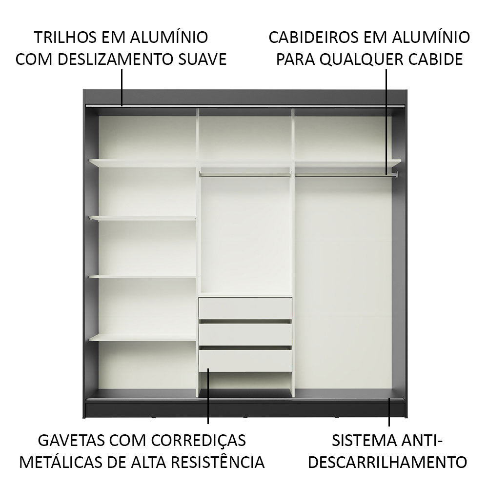 Guarda-Roupa Casal Madesa Kansas 3 Portas de Correr 3 Gavetas Preto