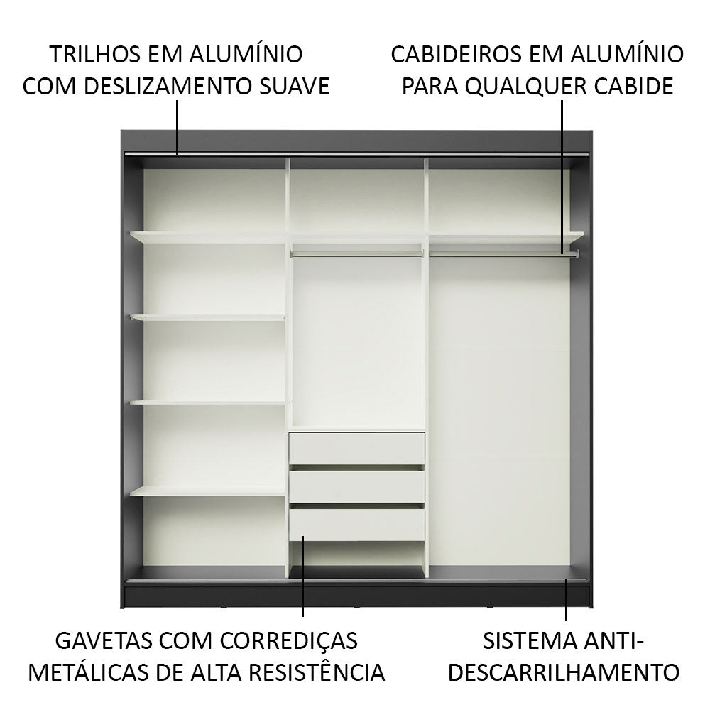 Guarda-Roupa Casal Madesa Austin 4 Portas de Correr de Espelho 3 Gavetas Preto/Branco