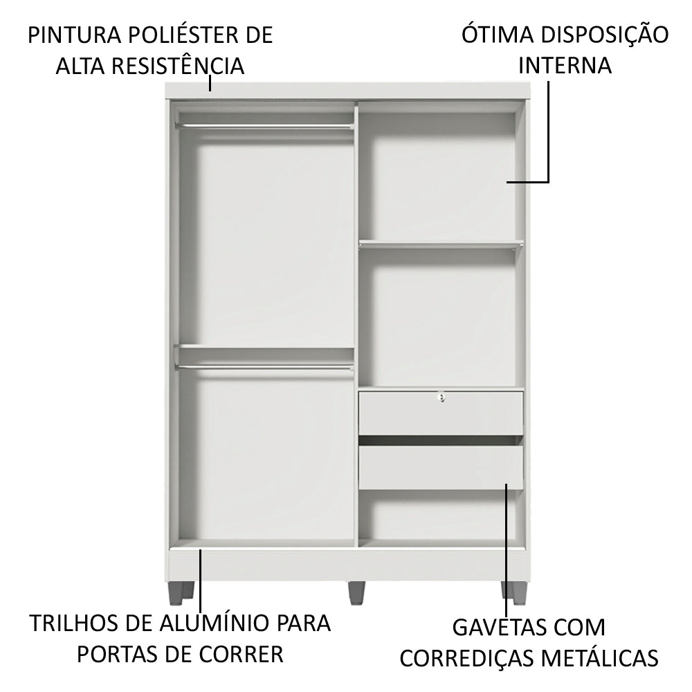 Guarda-Roupa Solteiro Madesa Luke 2 Portas de Correr de Madeira com Pés Branco