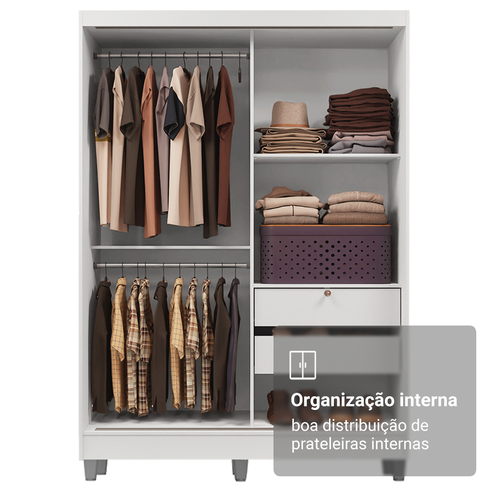 Guarda-Roupa Solteiro Madesa Luke 2 Portas de Correr de Madeira com Pés Branco