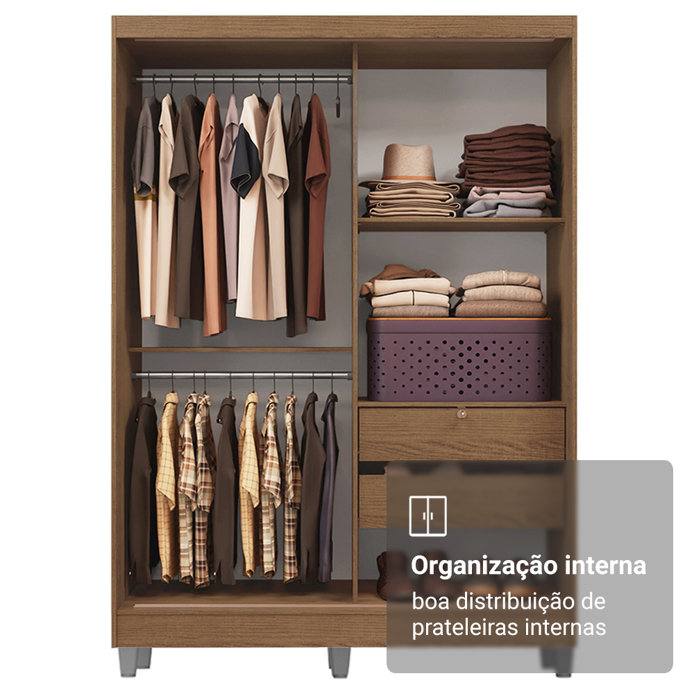 Guarda-Roupa Solteiro Madesa Luke 2 Portas de Correr de Madeira com Pés Rustic