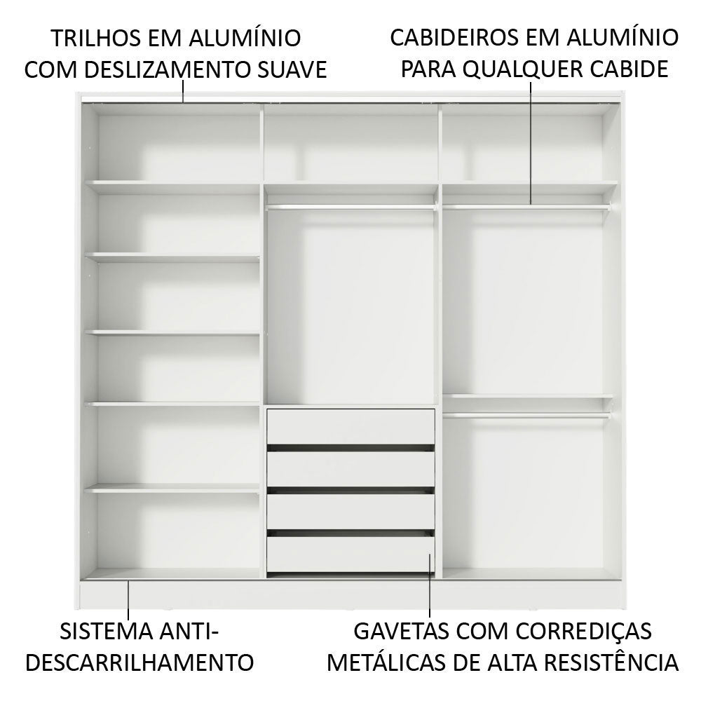 Guarda-Roupa Casal 100% MDF Madesa Royale 3 Portas de Correr com Espelho Branco/Preto