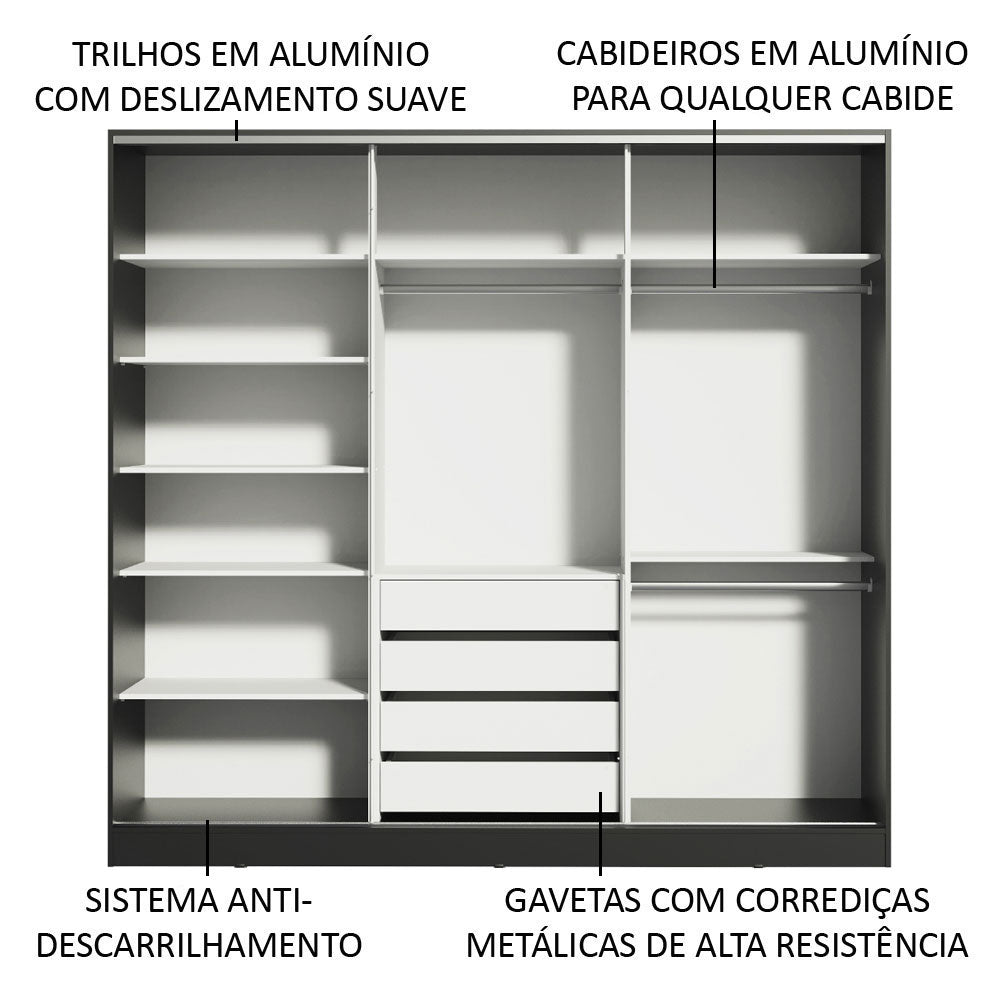 Guarda-Roupa Casal 100% MDF Madesa Royale 3 Portas de Correr Preto/Branco/Preto