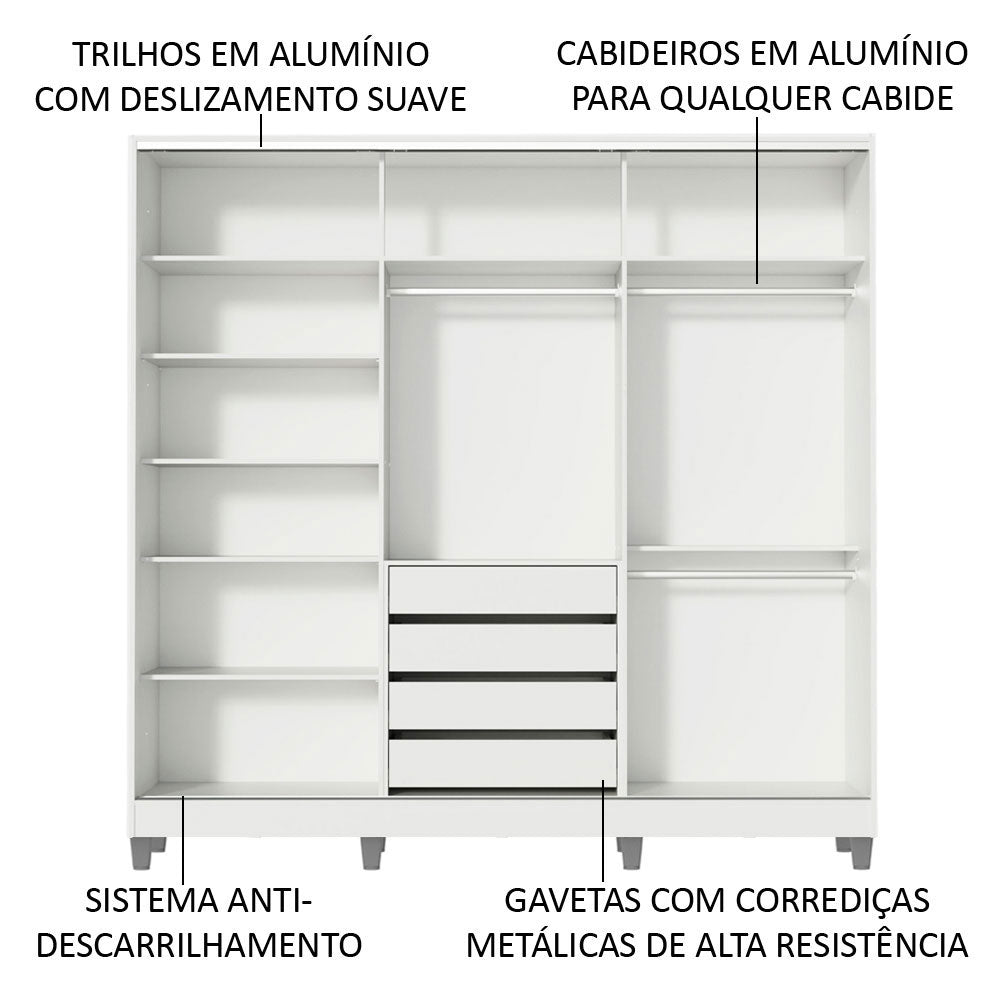 Guarda-Roupa Casal 100% MDF Madesa Royale 3 Portas de Correr com Pés Branco/Rustic/Branco