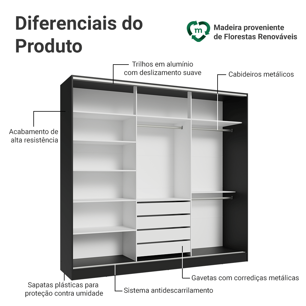 Guarda-Roupa Casal 100% MDF 3 Portas de Correr com Espelho Preto/Rustic Madesa Royale