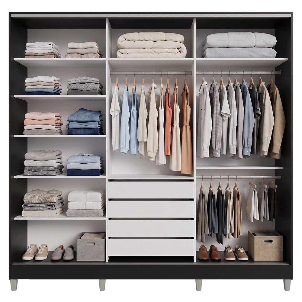 Guarda-Roupa Casal 100% MDF com Pés 3 Portas 1 Espelho Preto Malta Madesa
