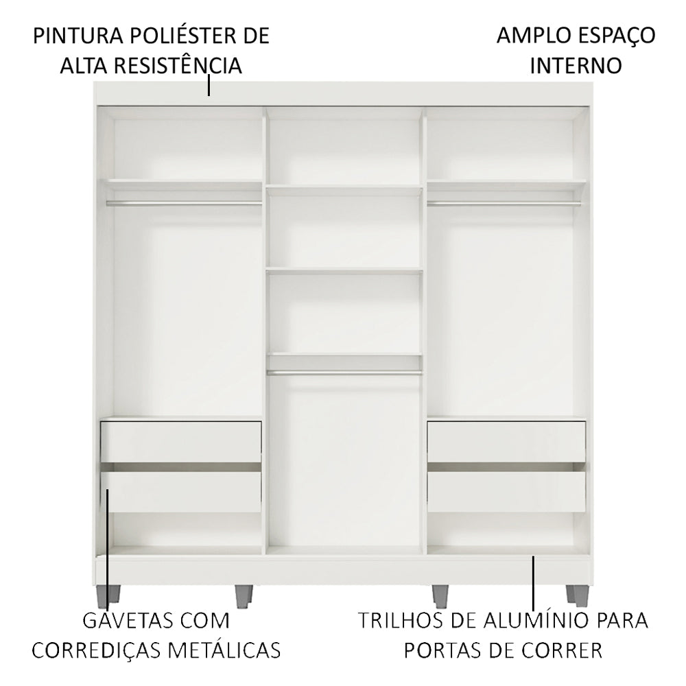 Guarda-Roupa Casal Madesa Napoli 3 Portas de Correr Central com Espelho com Pés Branco