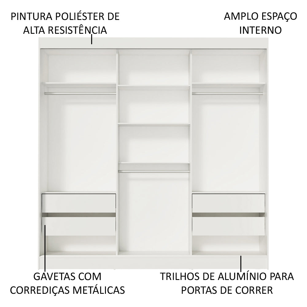 Guarda-Roupa Casal Madesa Veneza 3 Portas de Correr com Espelho Branco