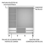 Guarda-Roupa Casal Madesa Lyon Plus 3 Portas de Correr de Espelho 4 Gavetas com Pés Branco