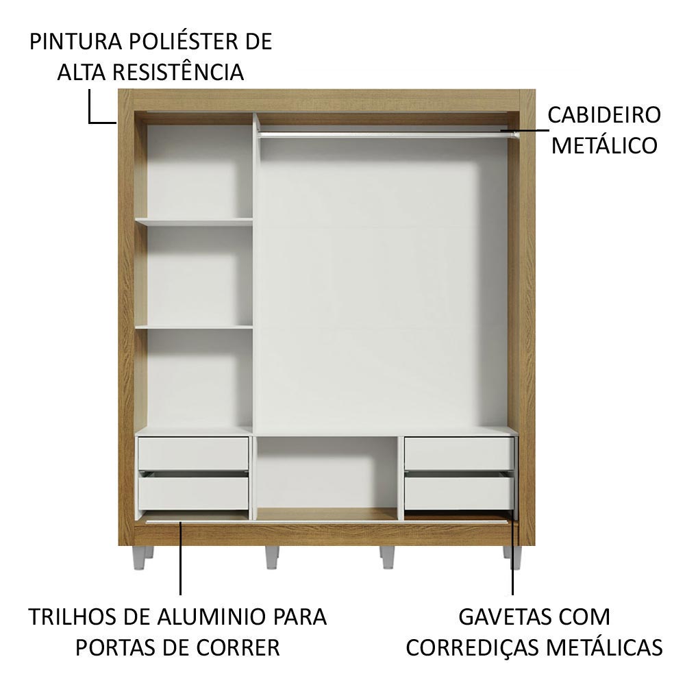 Guarda-Roupa Casal Madesa Lyon Plus 3 Portas de Correr com Espelhos 4 Gavetas com Pés Rustic