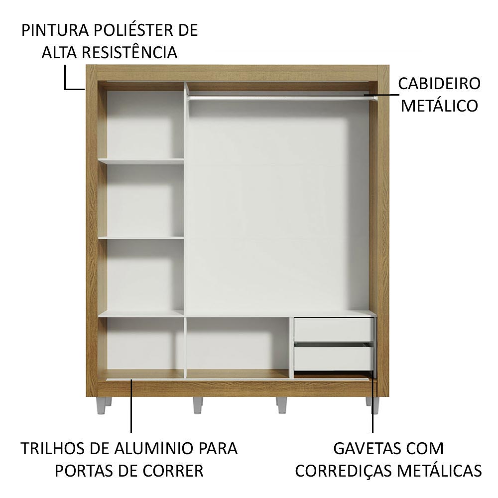 Guarda-Roupa Casal Madesa Lyon 3 Portas de Correr 2 Gavetas com Pés Rustic