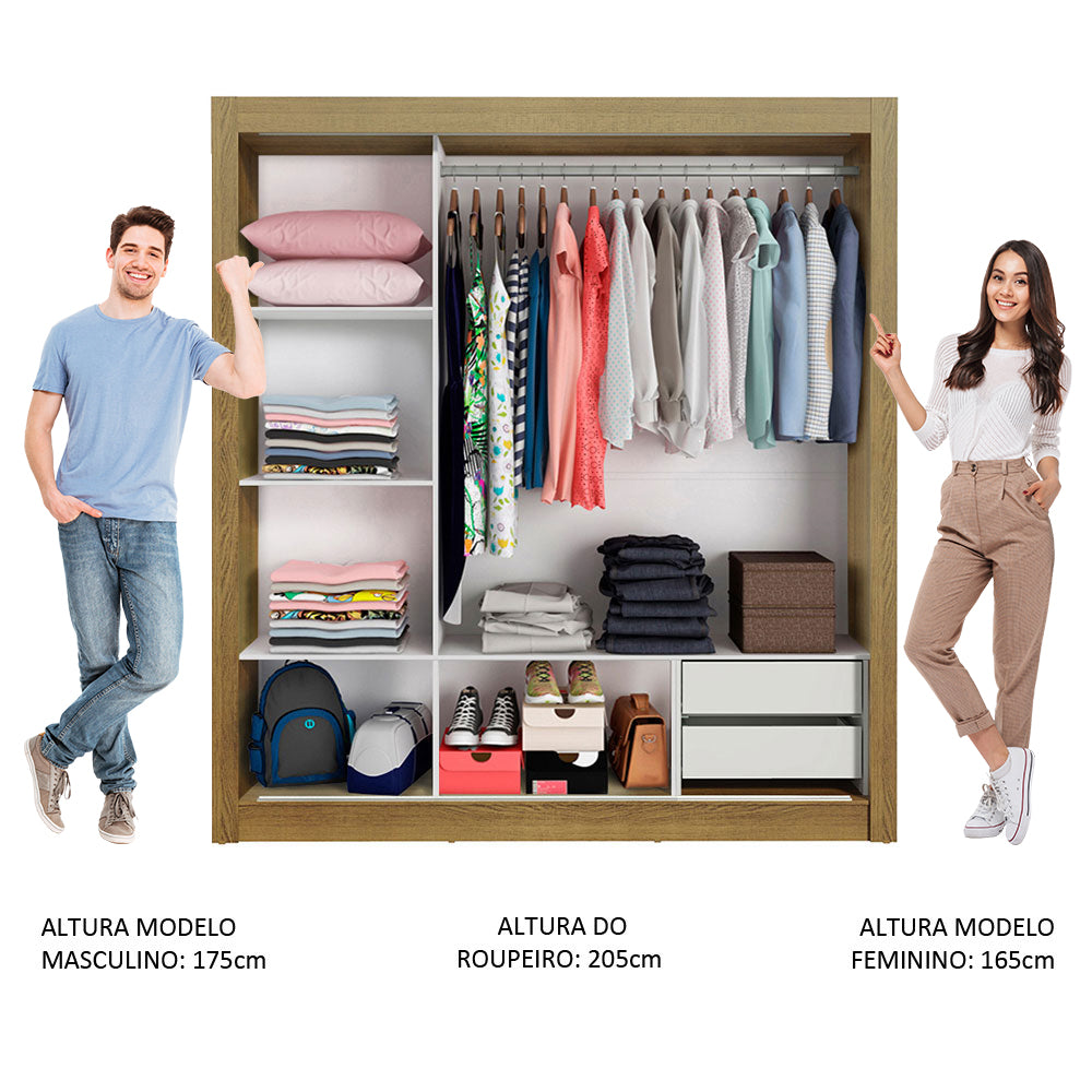 Guarda-Roupa Casal Madesa Lyon 3 Portas de Correr de Espelho 2 Gavetas Rustic
