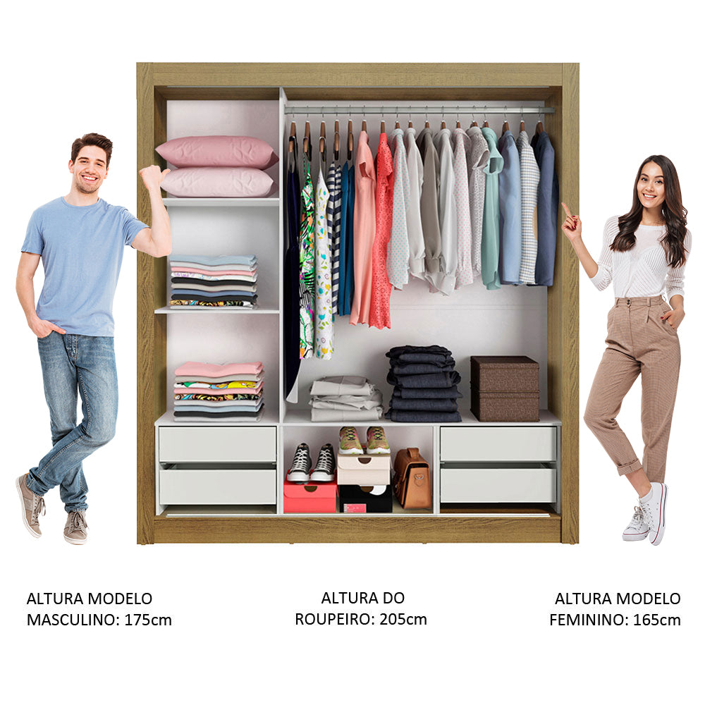 Guarda-Roupa Casal Madesa Lyon Plus 3 Portas de Correr com Espelho 4 Gavetas Rustic/Branco