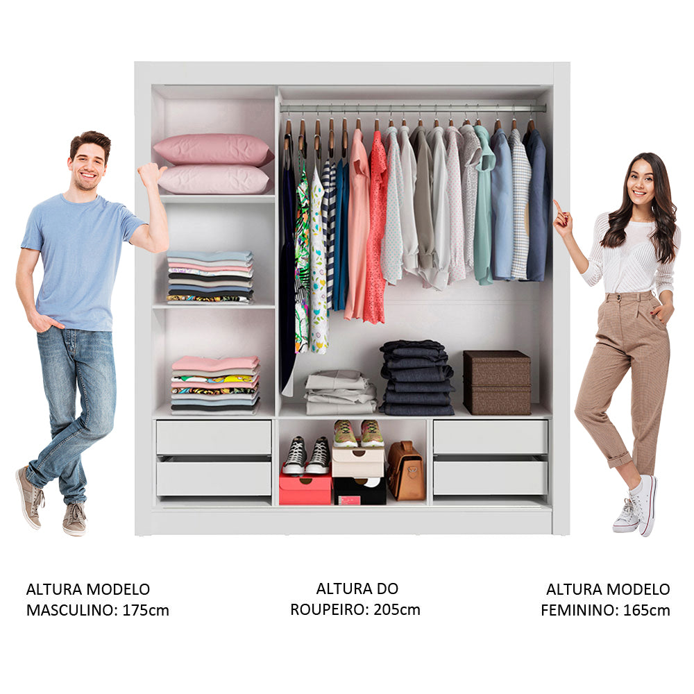 Guarda-Roupa Casal Madesa Lyon Plus 3 Portas de Correr com Espelhos 4 Gavetas Branco/Preto