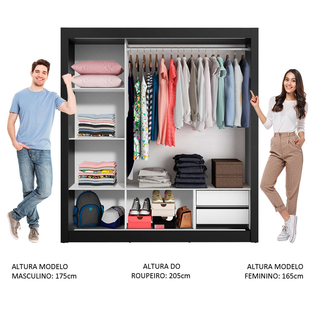 Guarda-Roupa Casal Madesa Lyon 3 Portas de Correr com Espelho 2 Gavetas Preto/Branco