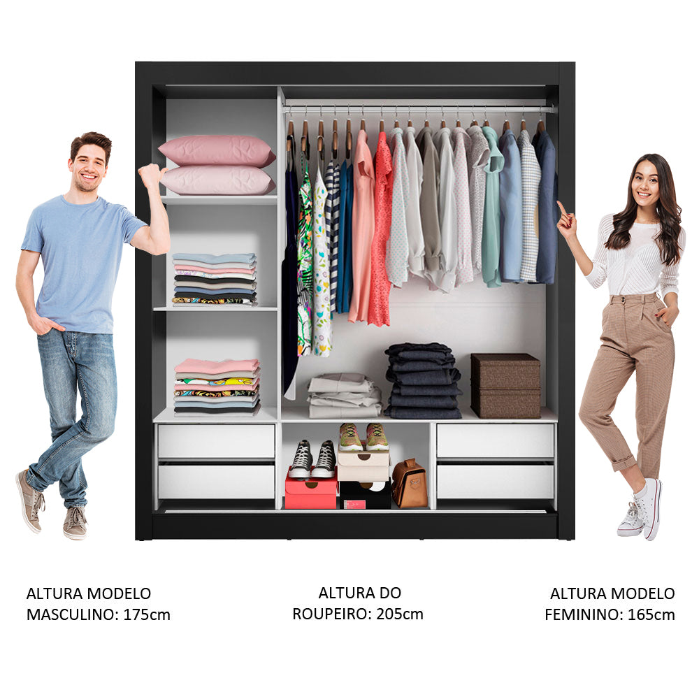 Guarda-Roupa Casal Madesa Lyon Plus 3 Portas de Correr de Espelho 4 Gavetas Preto