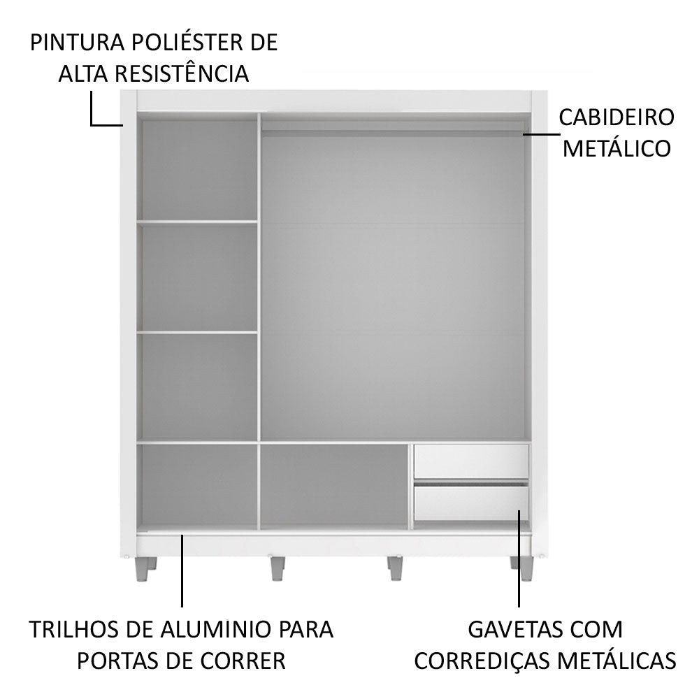 Guarda-Roupa Casal Madesa Lyon 3 Portas de Correr com Espelhos 2 Gavetas com Pés Branco/Rustic