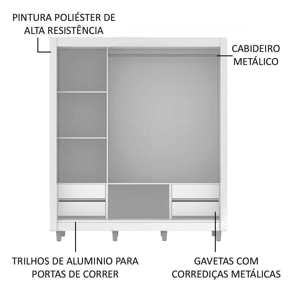 Guarda-Roupa Casal Madesa Lyon Plus 3 Portas de Correr com Espelhos 4 Gavetas com Pés Branco/Rustic
