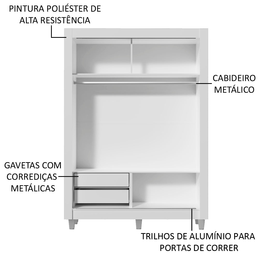 Guarda-Roupa Solteiro Madesa Dallas 2 Portas de Correr de Espelho 2 Gavetas com Pés Branco