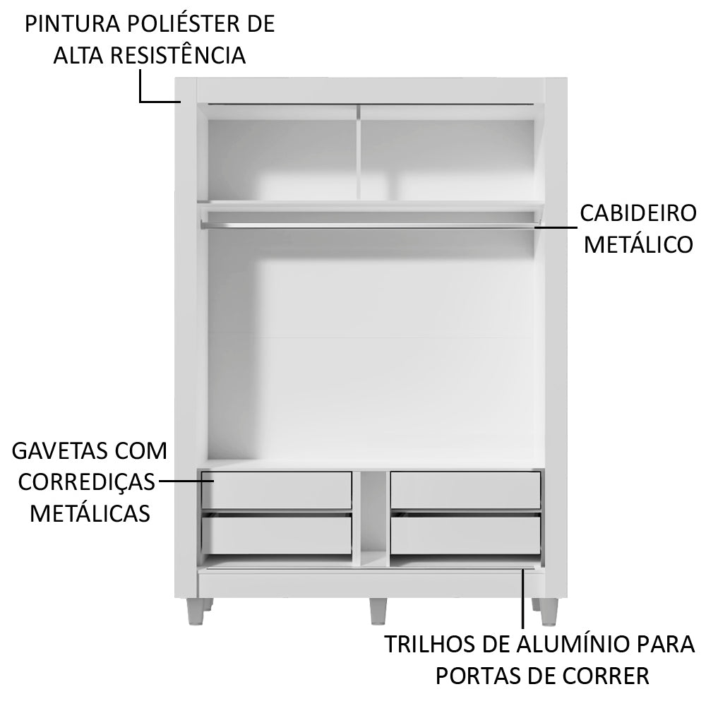 Guarda-Roupa Solteiro Madesa Dallas Plus 2 Portas de Correr de Espelho 4 Gavetas com Pés Branco