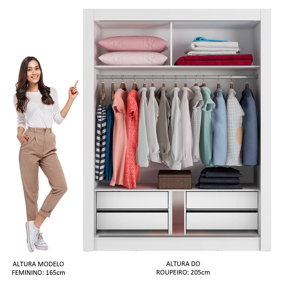 Guarda-Roupa Solteiro Madesa Dallas Plus 2 Portas de Correr 4 Gavetas Branco
