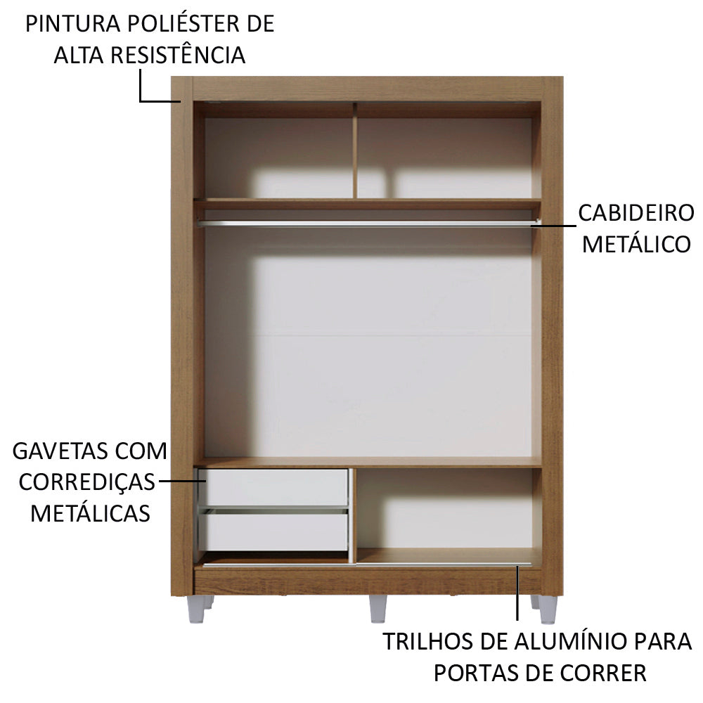 Guarda-Roupa Solteiro Madesa Dallas 2 Portas de Correr com Espelho 2 Gavetas com Pés Rustic