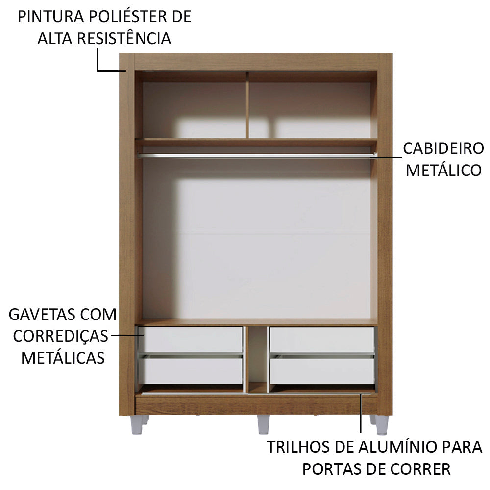Guarda-Roupa Solteiro Madesa Dallas Plus 2 Portas de Correr com Espelho 4 Gavetas com Pés Rustic