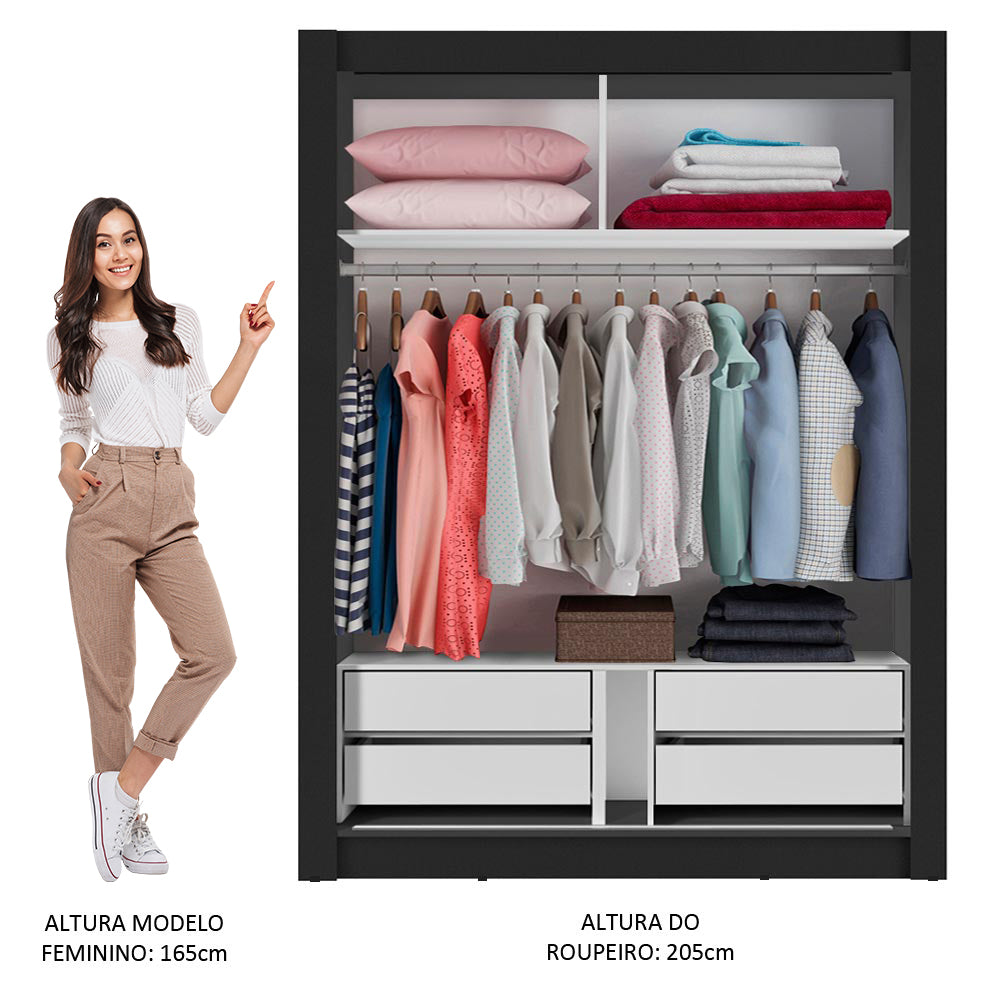 Guarda-Roupa Solteiro Madesa Dallas Plus 2 Portas de Correr com Espelho 4 Gavetas Preto/Branco