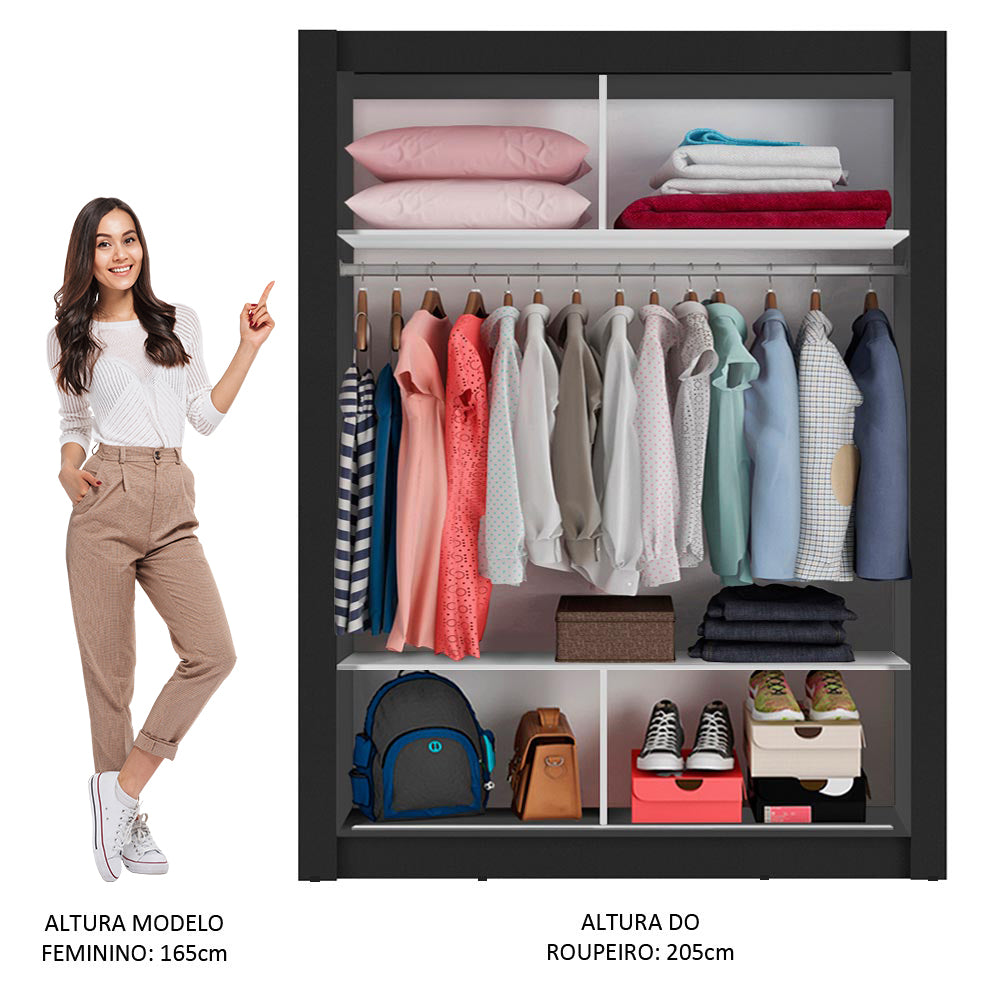 Guarda-Roupa Solteiro Madesa Denver 2 Portas de Correr Preto/Rustic