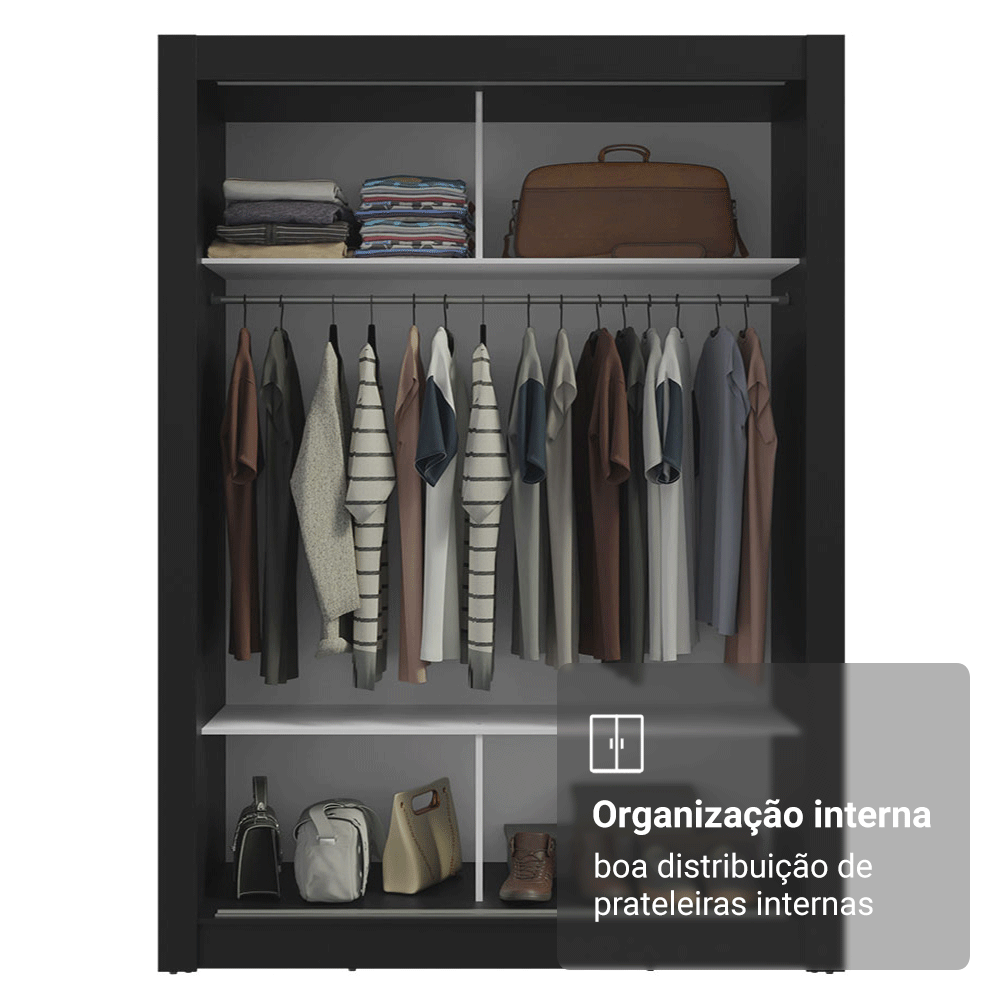 Guarda-Roupa Solteiro Madesa Denver 2 Portas de Correr com Espelho Preto/Rustic