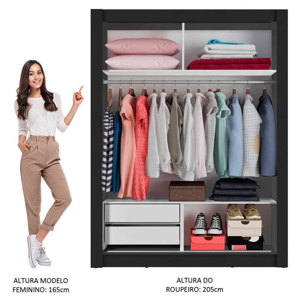 Guarda-Roupa Solteiro Madesa Dallas 2 Portas de Correr 2 Gavetas Preto/Rustic