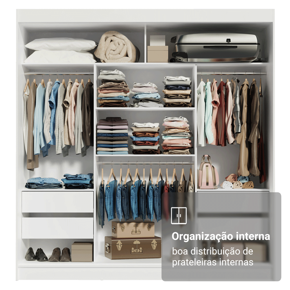 Guarda-Roupa Casal Madesa Reno 3 Portas de Correr com Espelhos Branco/Preto