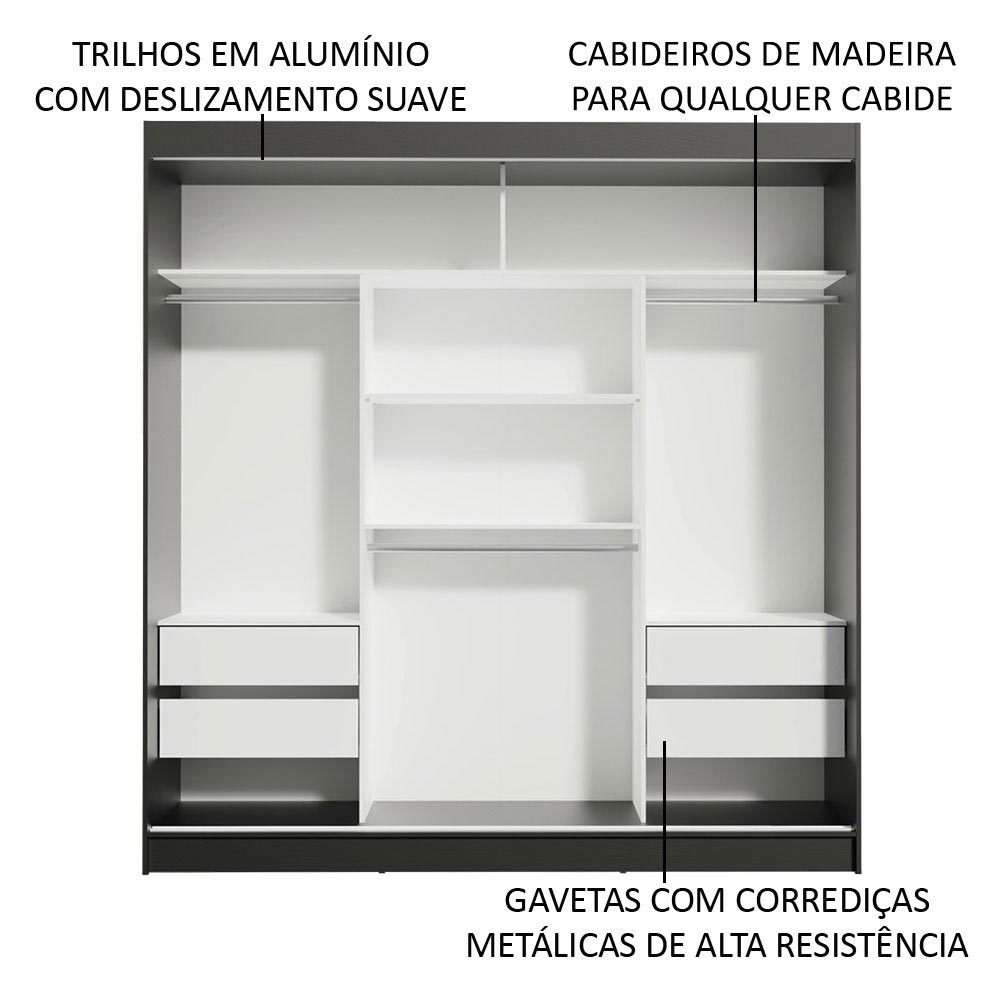 Guarda-Roupa Casal Madesa Reno 3 Portas de Correr com Espelho Preto/Branco