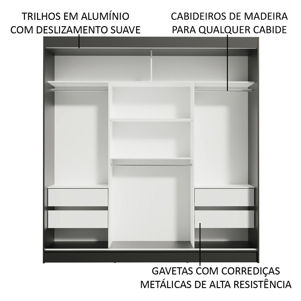Guarda-Roupa Casal Madesa Reno 3 Portas de Correr de Espelho Preto