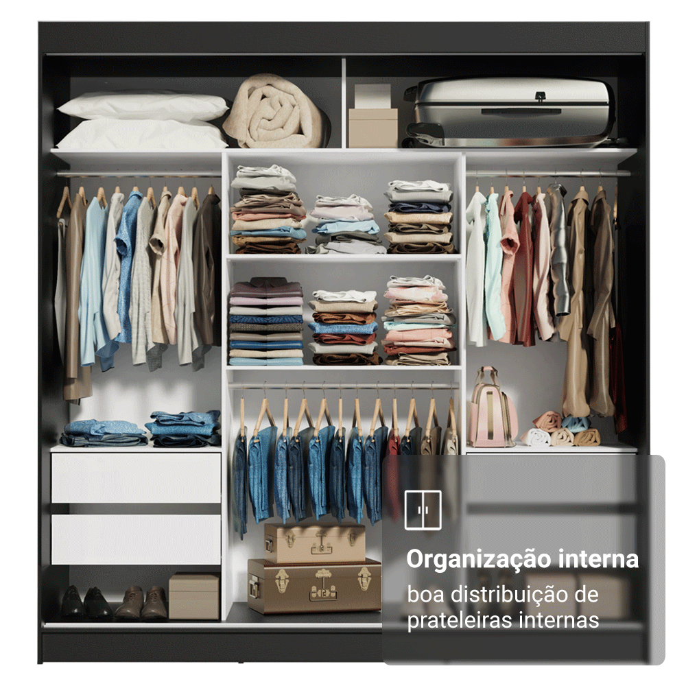 Guarda-Roupa Casal Madesa Reno 3 Portas de Correr Preto/Cinza